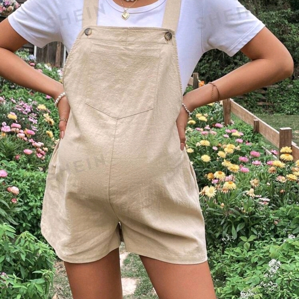 Maternity romper wide straps khaki beige shorts one size w/o tee buttoned